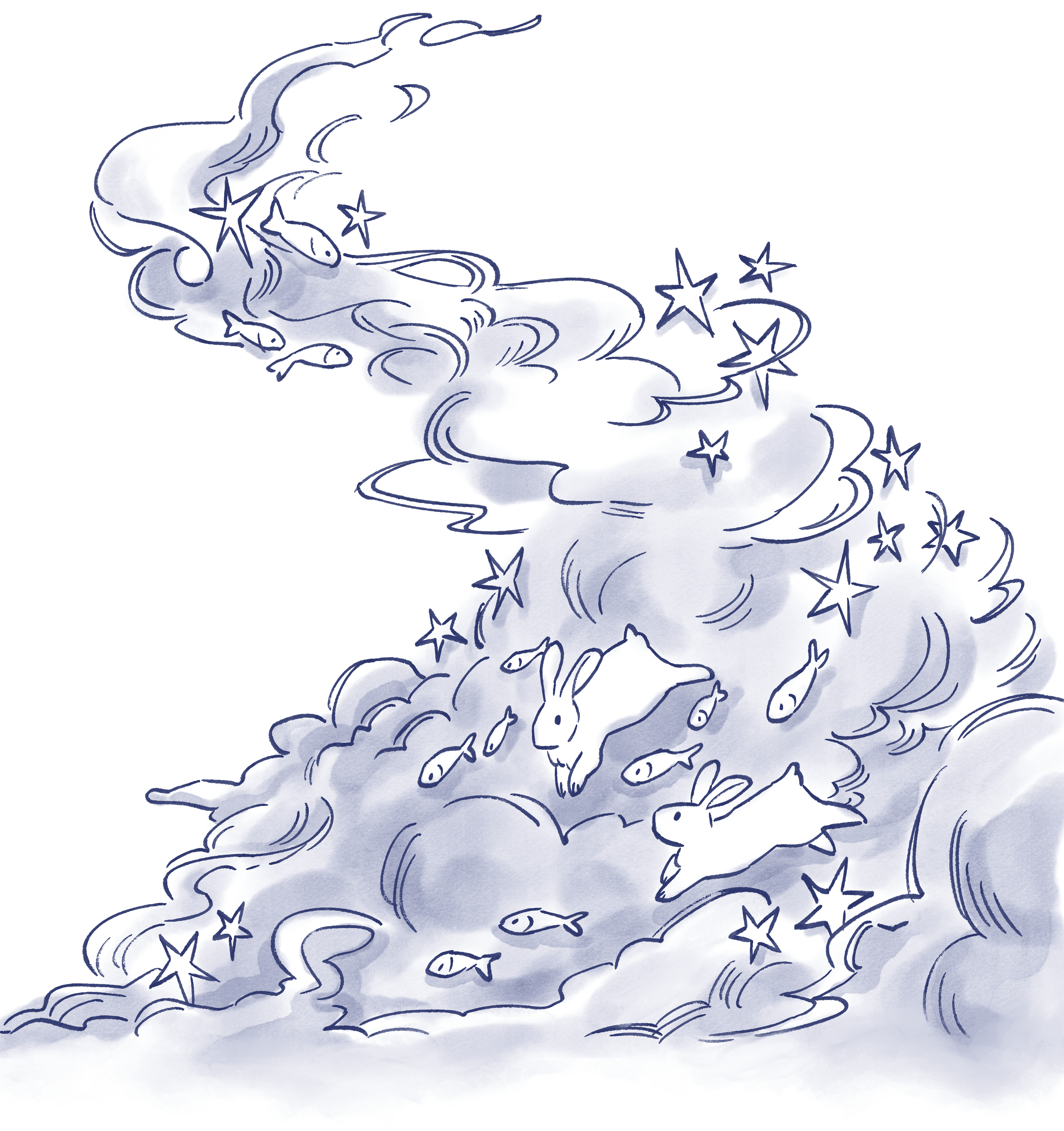 Illustration of clouds, stars, fish, and rabbits